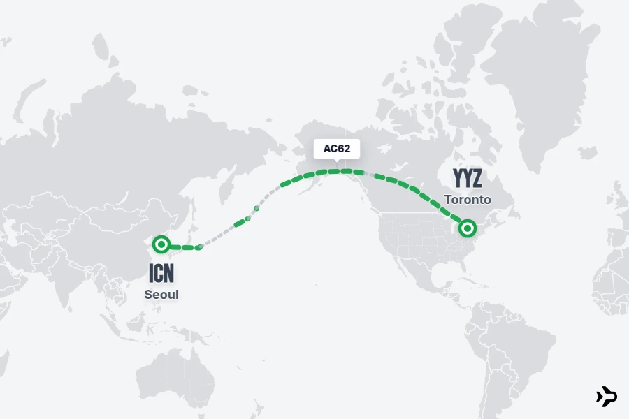 AC62 flight map from ICN to YYZ