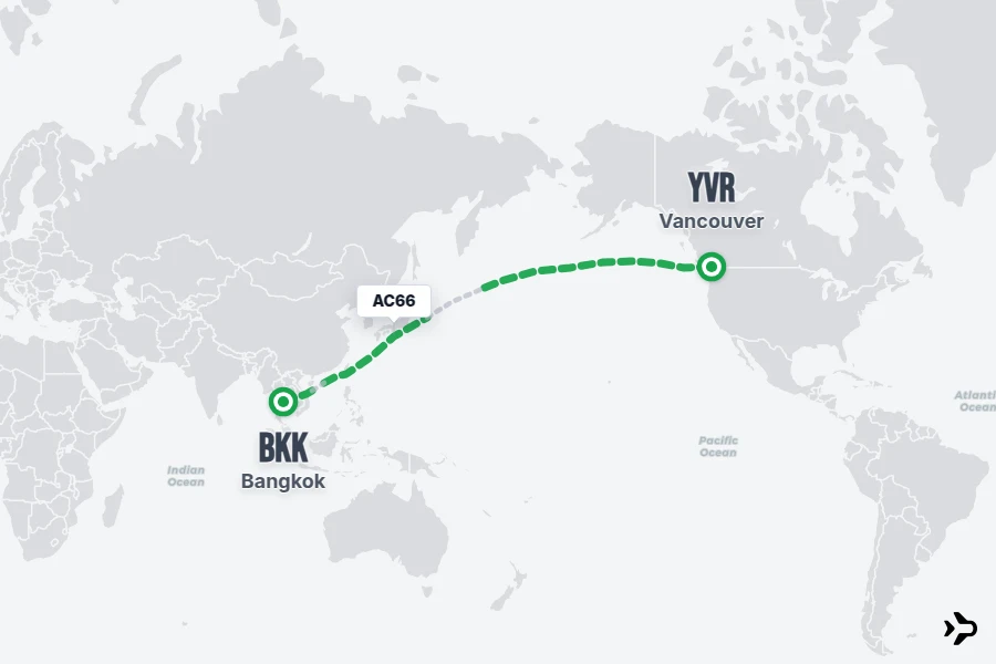 AC66 flight map from BKK to YVR
