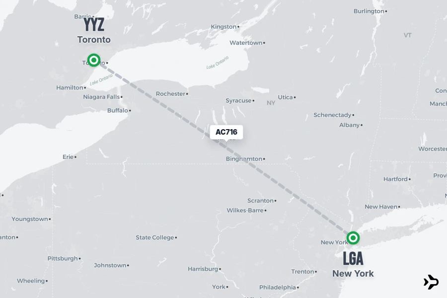 AC716 flight map from YYZ to LGA