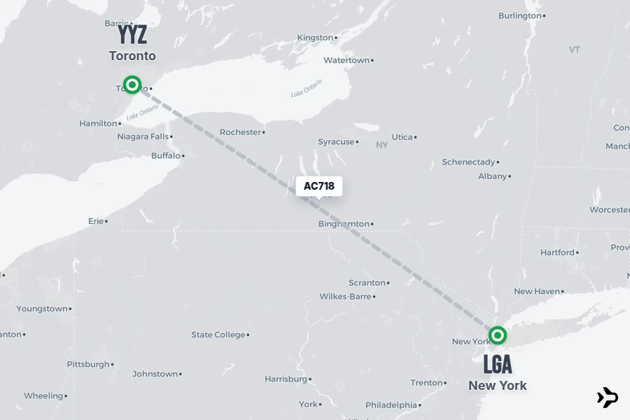AC718 flight map from YYZ to LGA