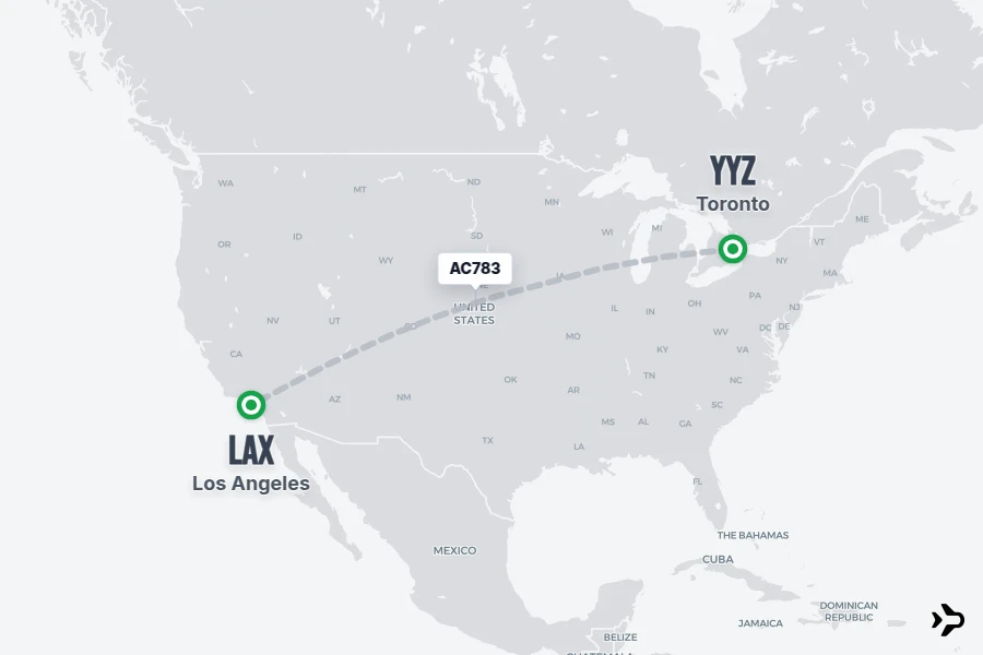 AC783 flight map from YYZ to LAX