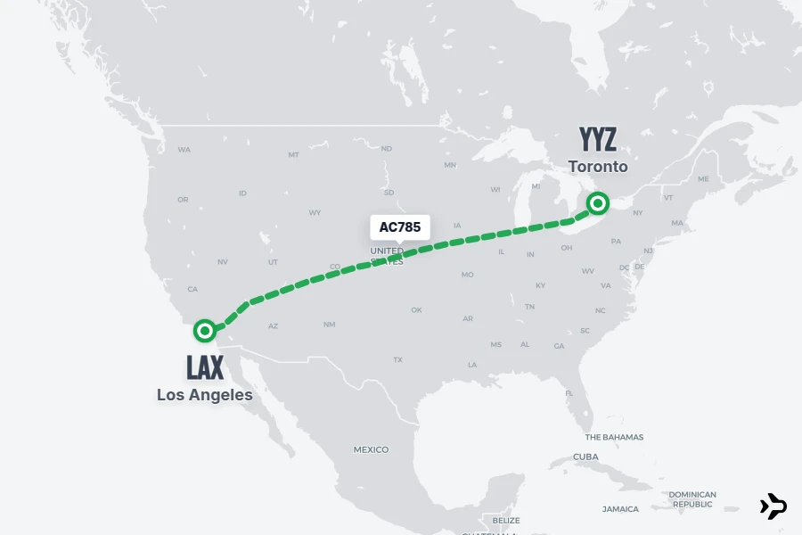 AC785 flight map from YYZ to LAX