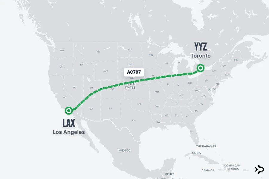 AC787 flight map from YYZ to LAX
