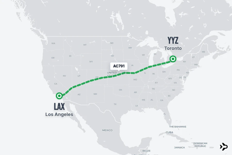 AC791 flight map from YYZ to LAX