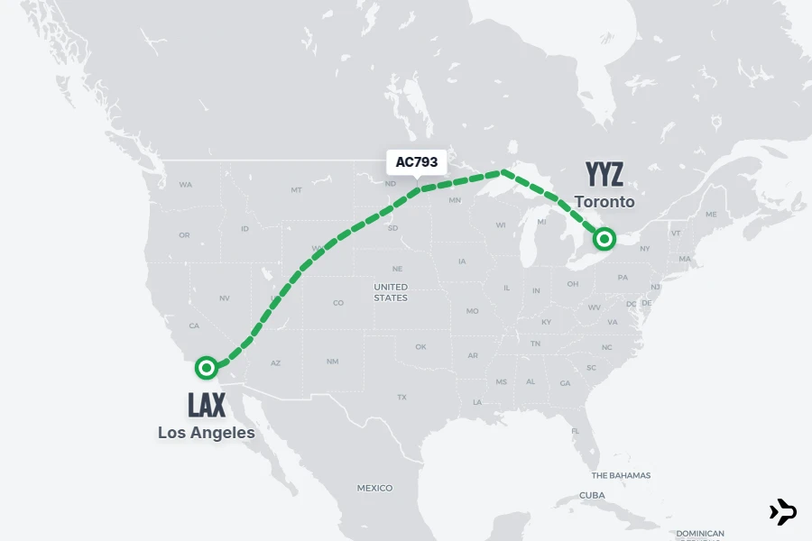 AC793 flight map from YYZ to LAX