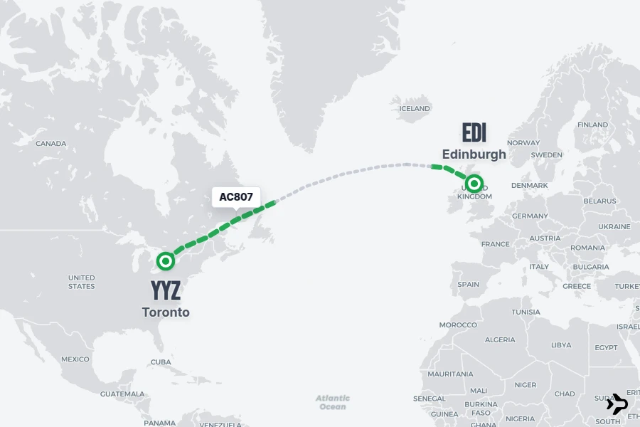 AC807 flight map from EDI to YYZ