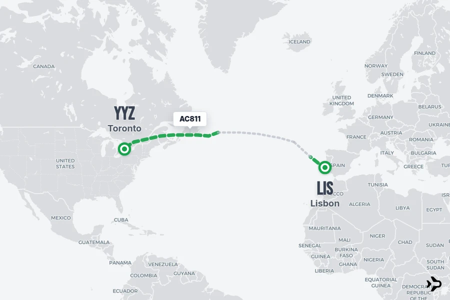 AC811 flight map from LIS to YYZ