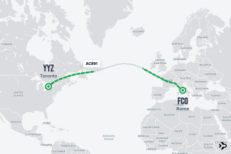 AC891 flight map from FCO to YYZ