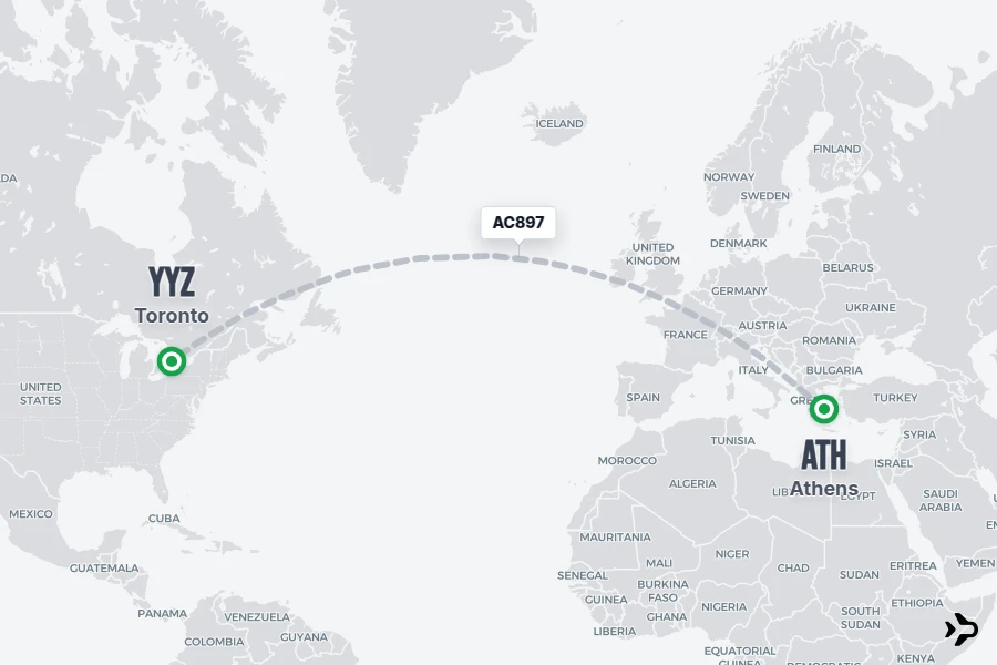 AC897 flight map from ATH to YYZ