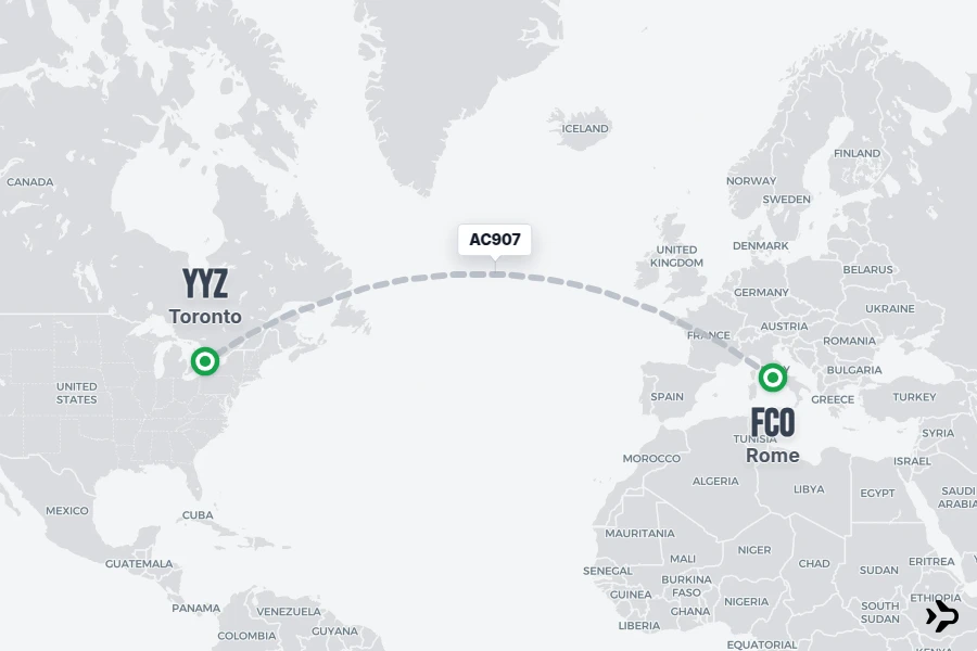 AC907 flight map from FCO to YYZ