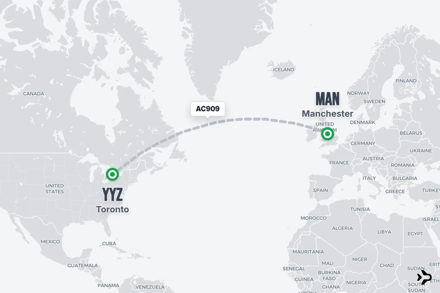 AC909 flight map from MAN to YYZ