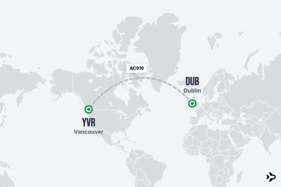AC919 flight map from DUB to YVR