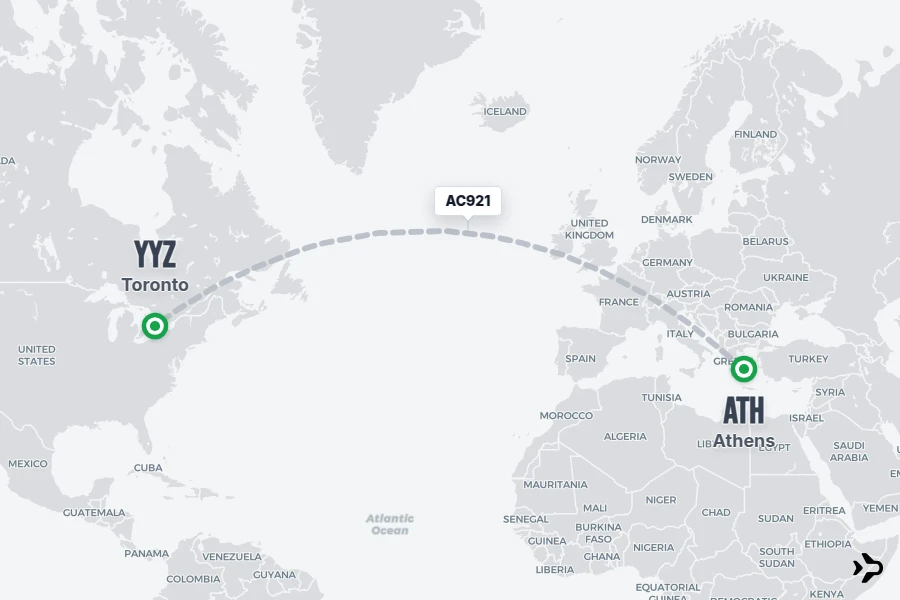 AC921 flight map from ATH to YYZ