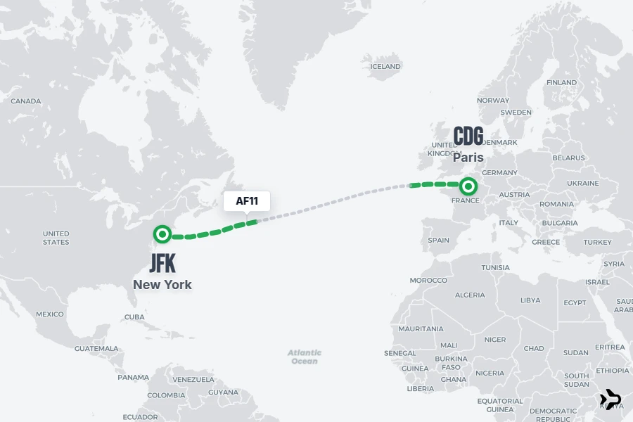 AF11 flight map from JFK to CDG