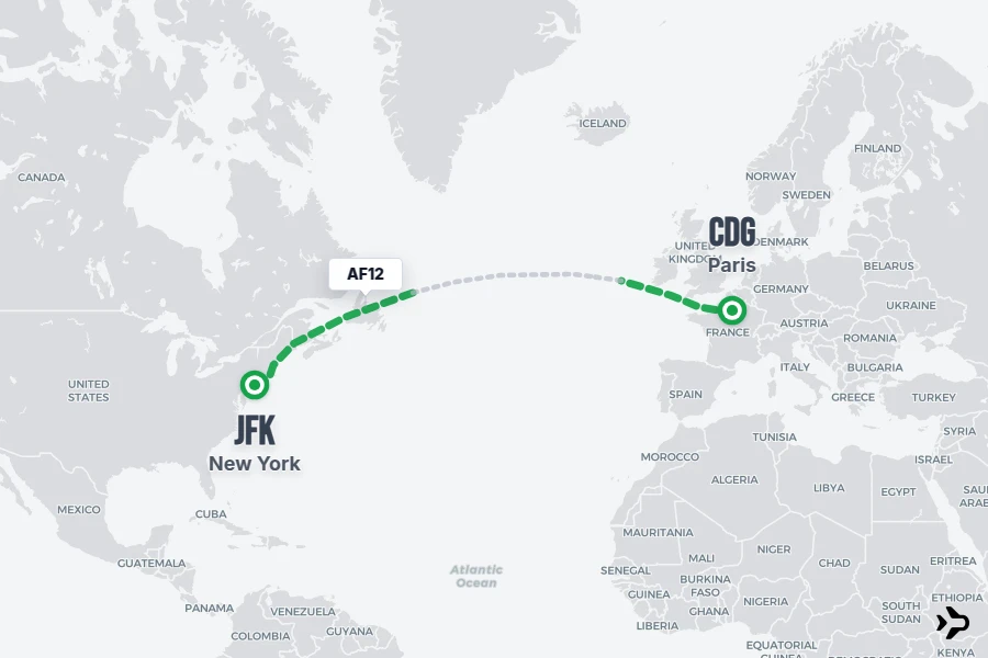 AF12 flight map from CDG to JFK