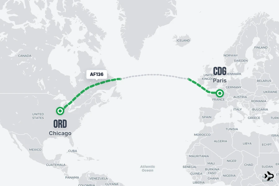 AF136 flight map from CDG to ORD