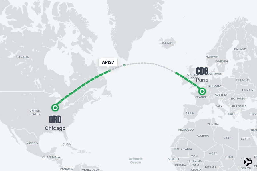 AF137 flight map from ORD to CDG