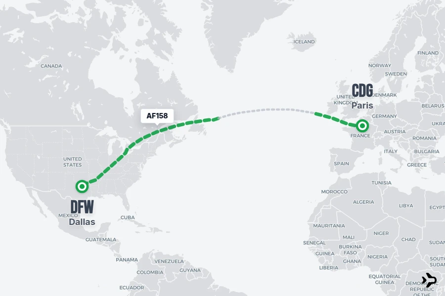 AF158 flight map from CDG to DFW