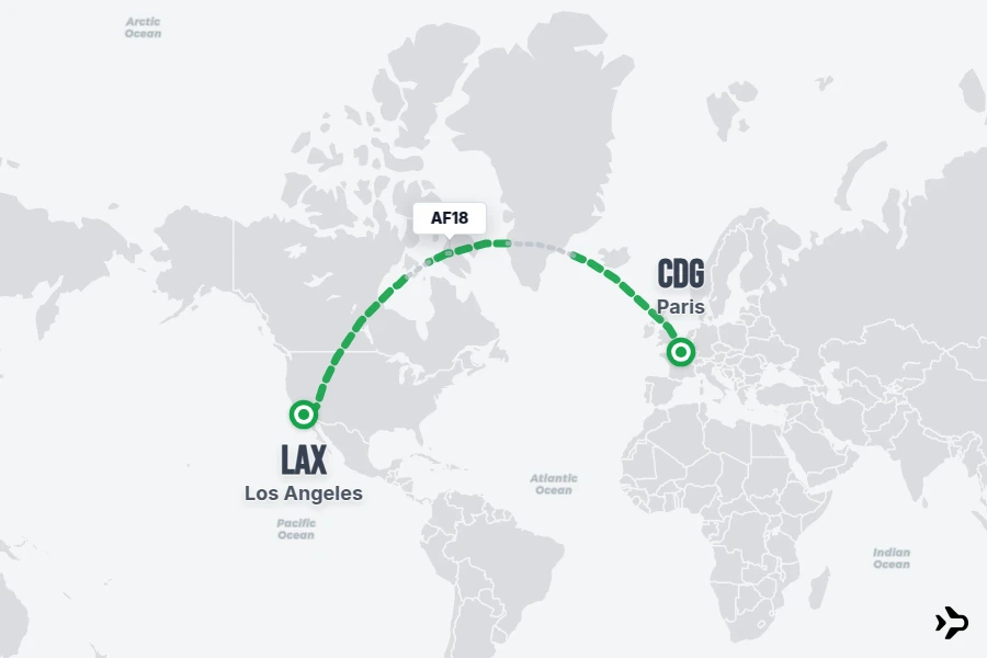 AF18 flight map from CDG to LAX