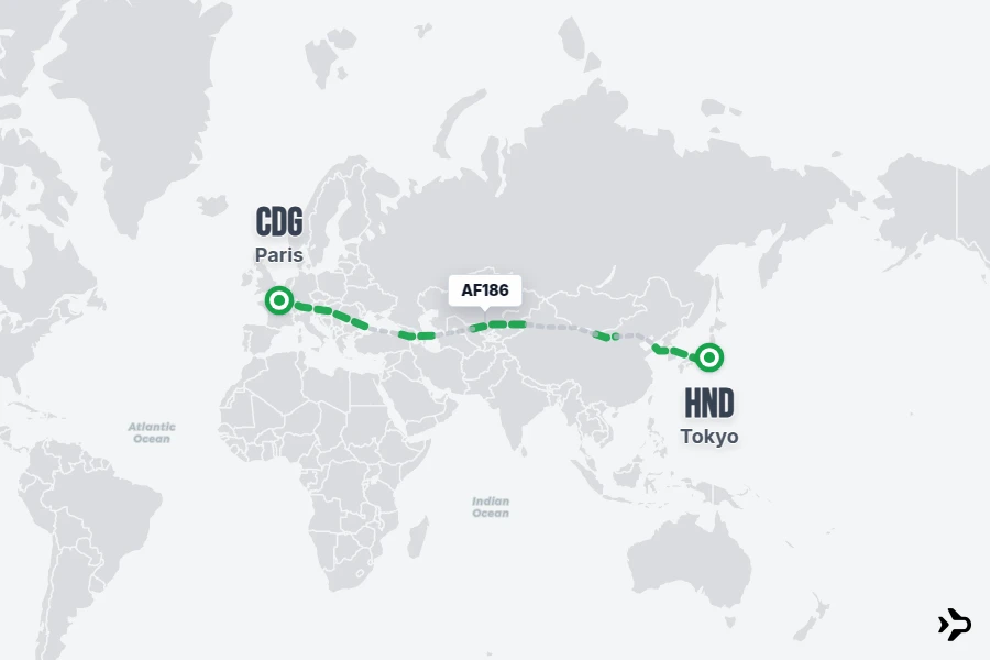 AF186 flight map from CDG to HND