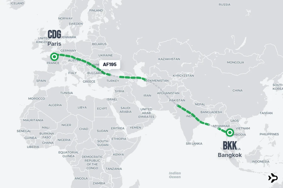 AF195 flight map from BKK to CDG
