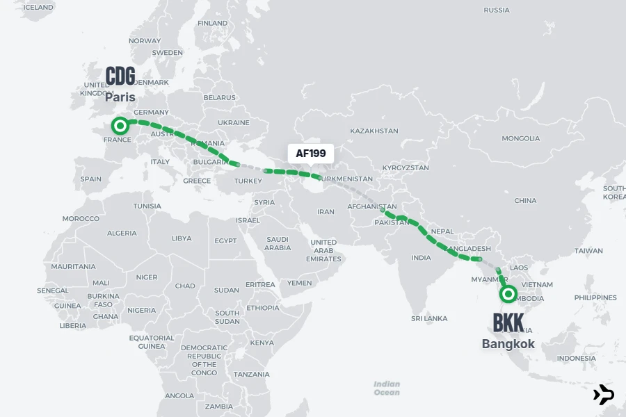 AF199 flight map from BKK to CDG