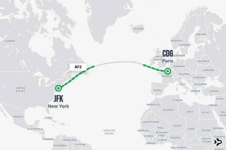 AF2 flight map from CDG to JFK