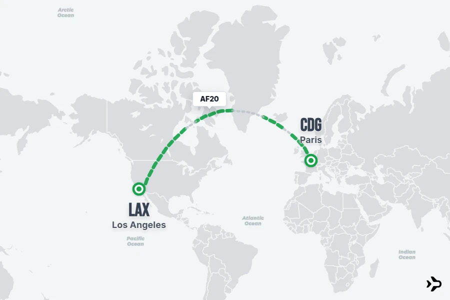 AF20 flight map from CDG to LAX
