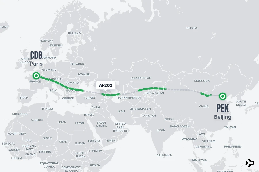 AF202 flight map from CDG to PEK
