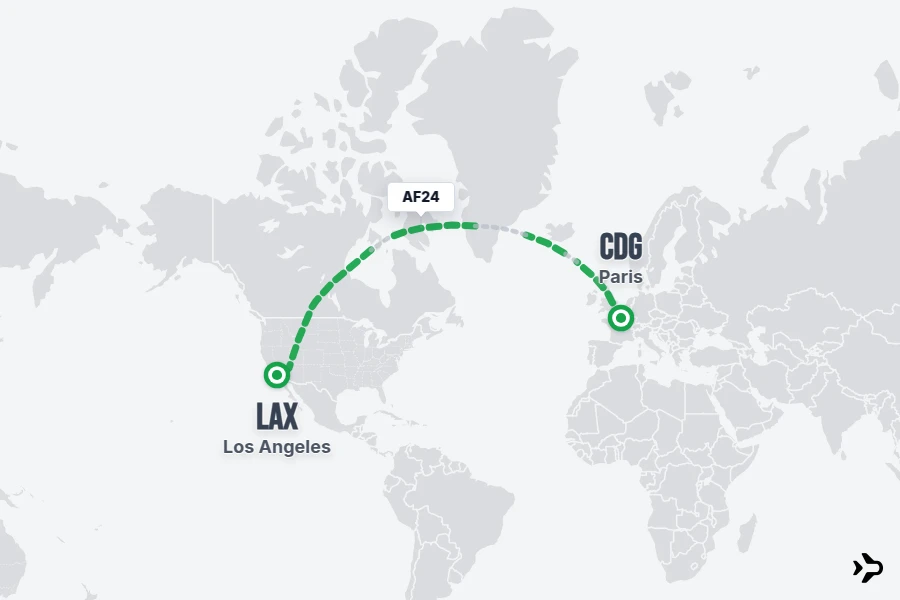 AF24 flight map from CDG to LAX