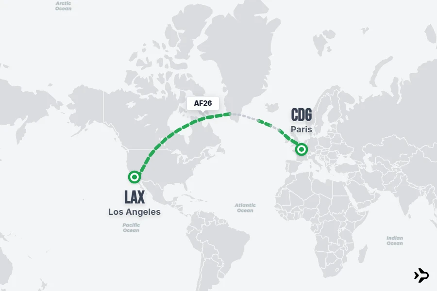 AF26 flight map from CDG to LAX