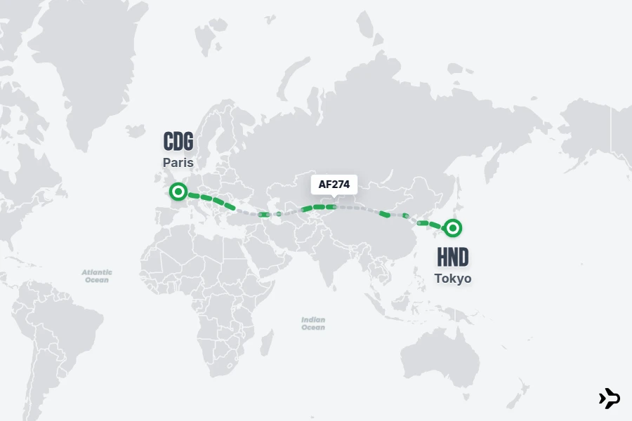 AF274 flight map from CDG to HND