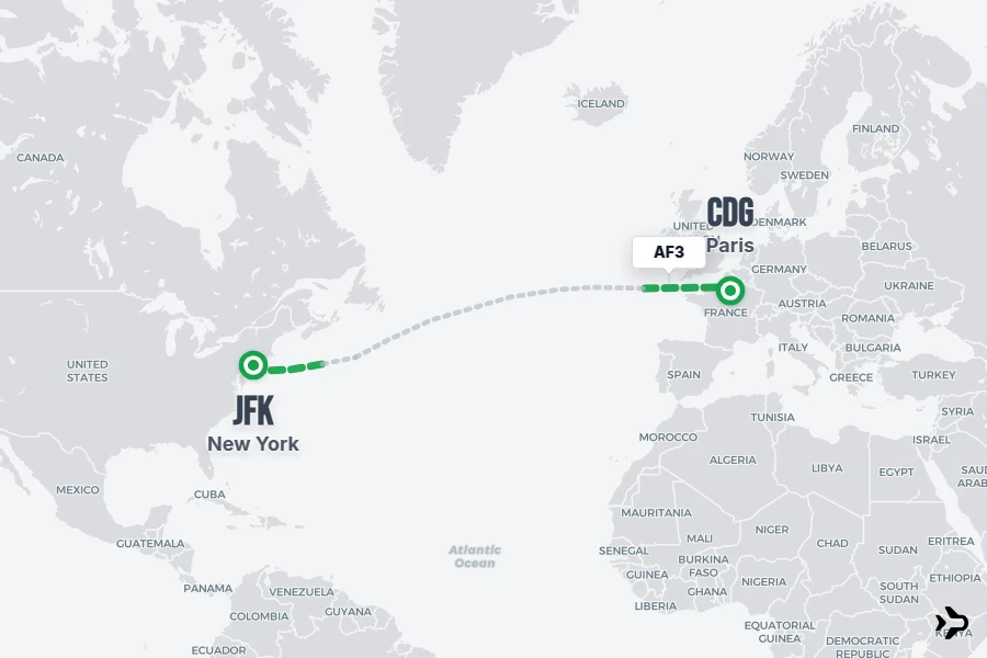 AF3 flight map from JFK to CDG
