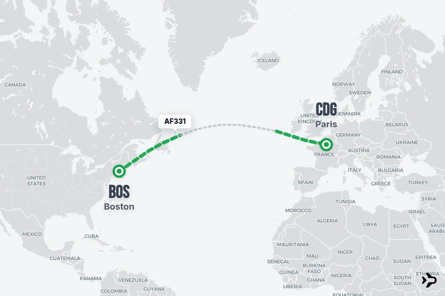 AF331 flight map from BOS to CDG