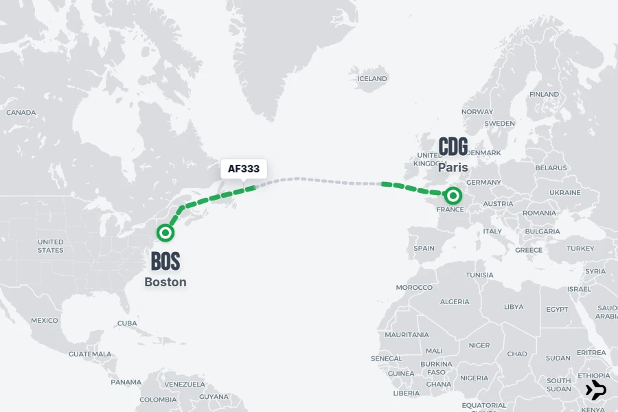 AF333 flight map from BOS to CDG