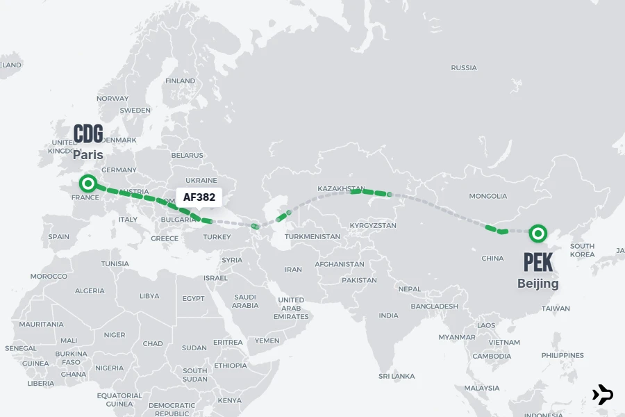 AF382 flight map from CDG to PEK