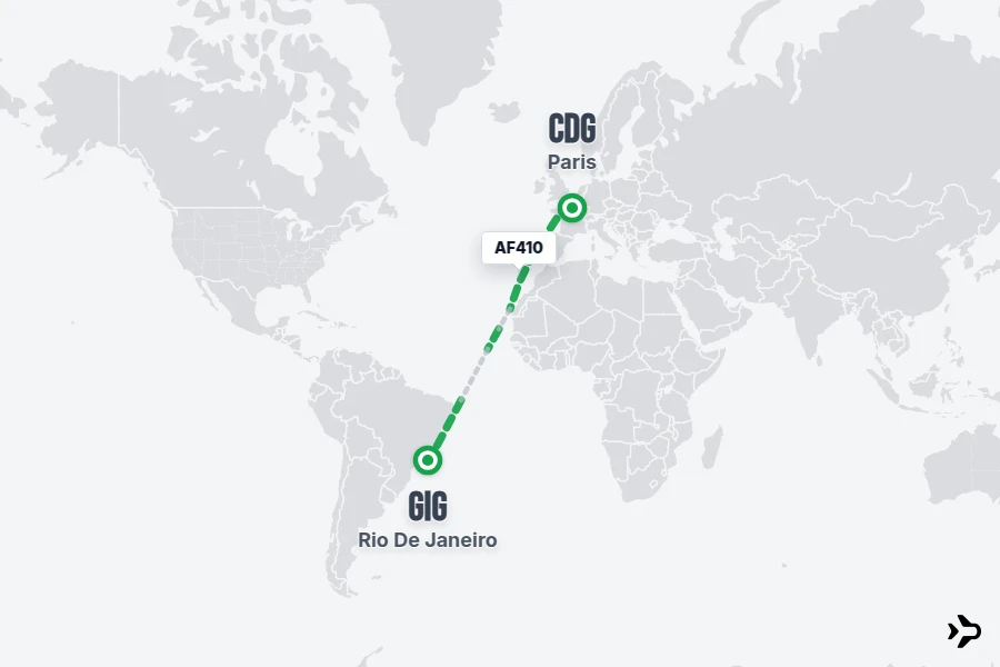 AF410 flight map from CDG to GIG