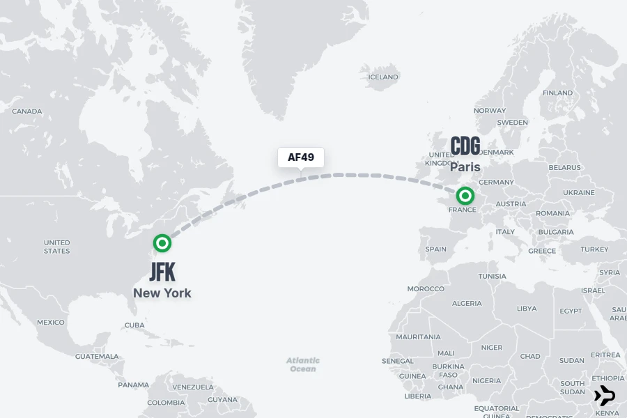 AF49 flight map from JFK to CDG