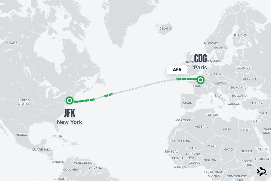 AF5 flight map from JFK to CDG