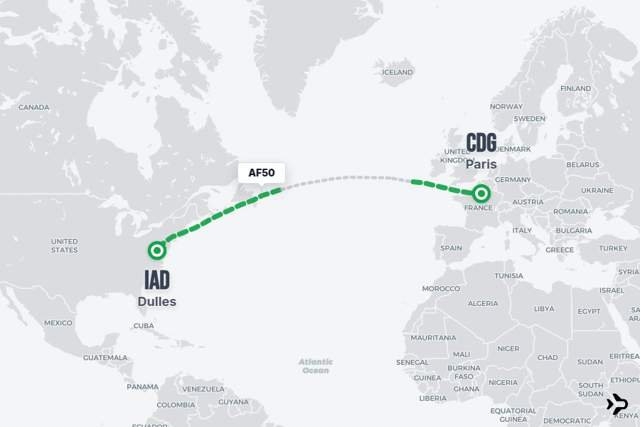 AF50 flight map from CDG to IAD