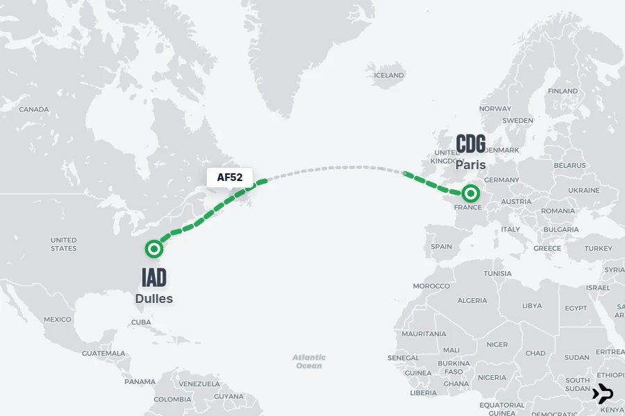 AF52 flight map from CDG to IAD