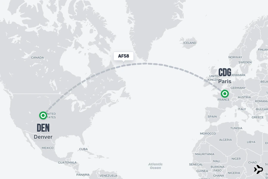 AF58 flight map from CDG to DEN