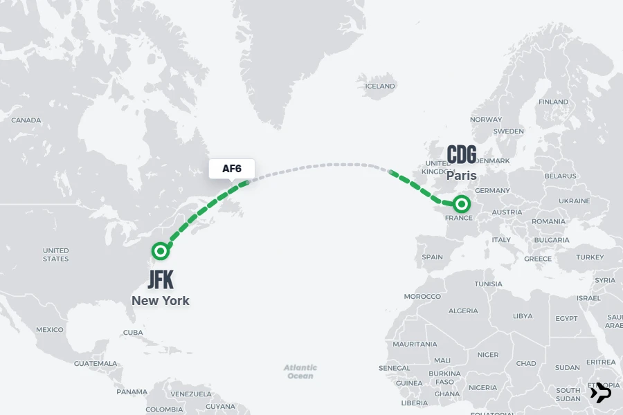 AF6 flight map from CDG to JFK