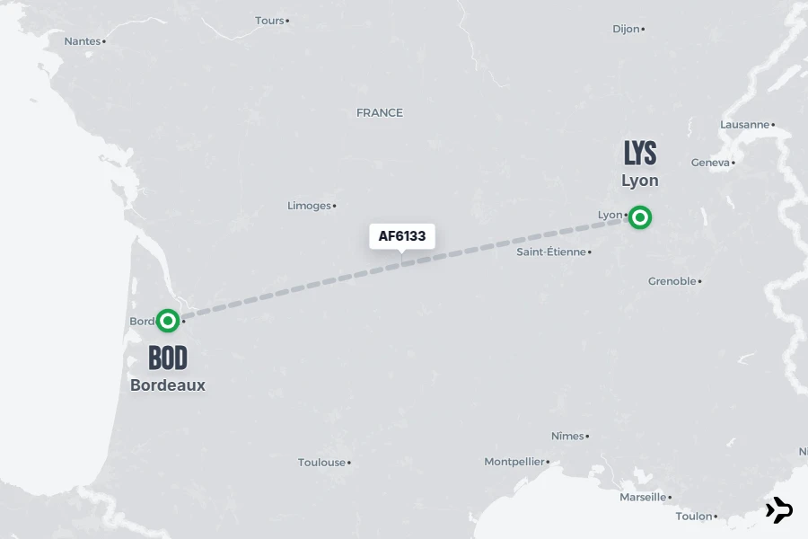 AF6133 flight map from BOD to LYS
