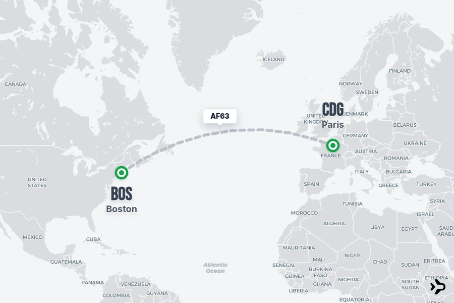AF63 flight map from BOS to CDG