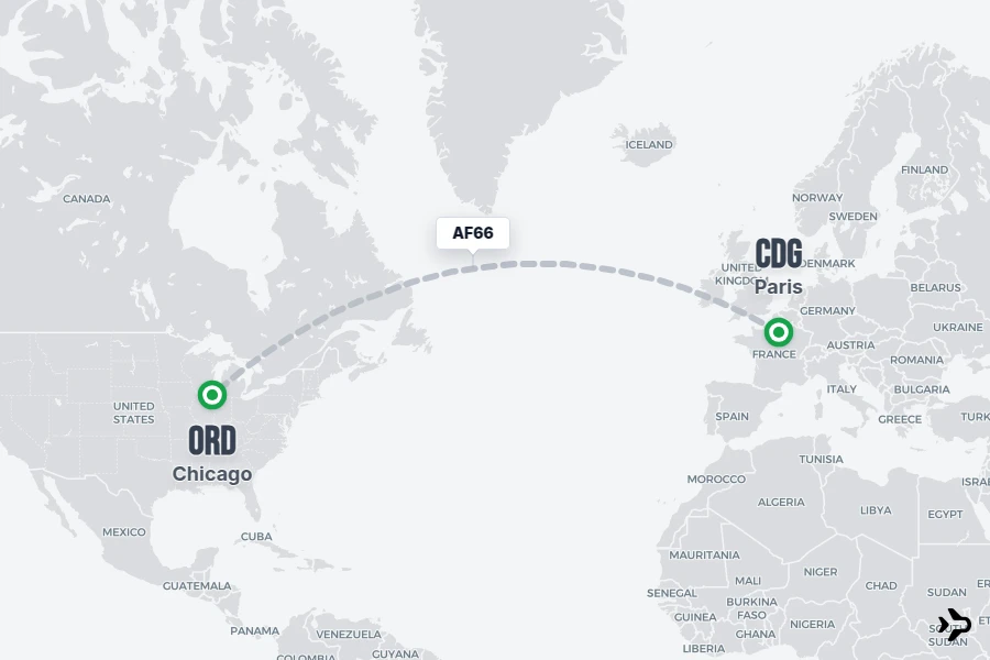 AF66 flight map from CDG to ORD