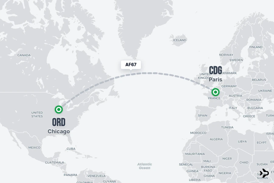 AF67 flight map from ORD to CDG