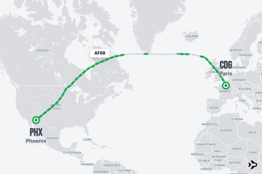 AF68 flight map from CDG to PHX