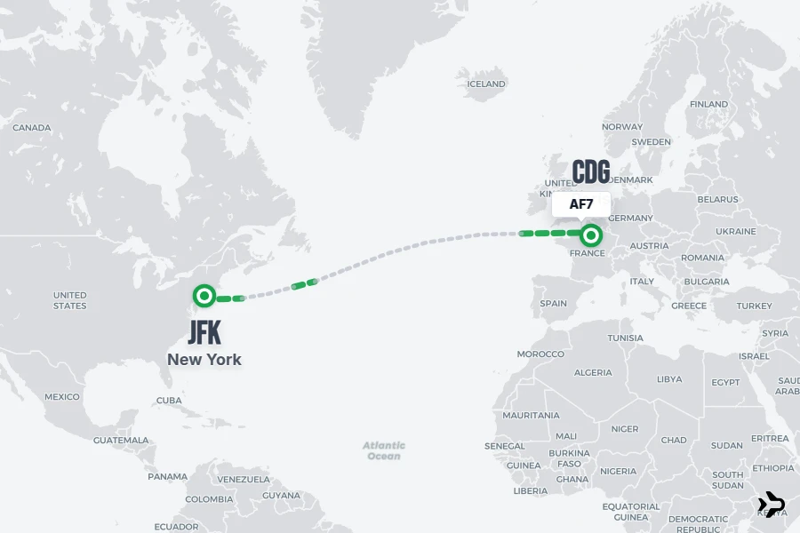 AF7 flight map from JFK to CDG