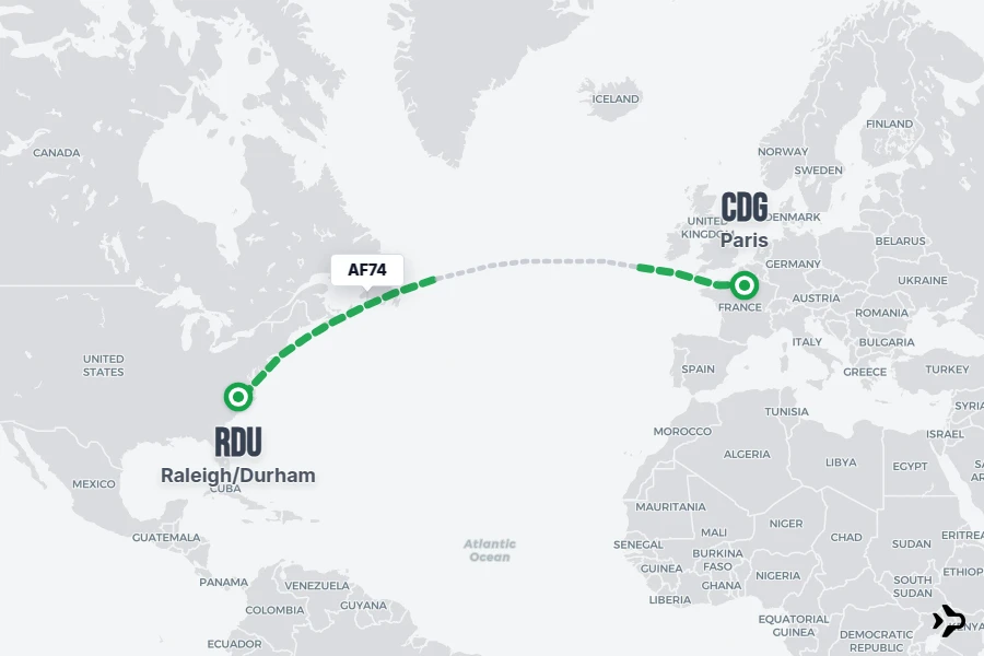 AF74 flight map from CDG to RDU
